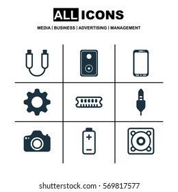 Set Of 9 Computer Hardware Icons. Includes Music, Camera, Battery And Other Symbols. Beautiful Design Elements.