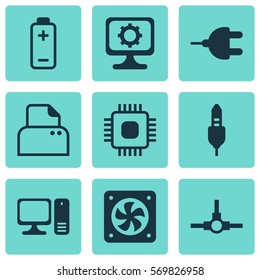 Set Of 9 Computer Hardware Icons. Includes File Scanner, Chip, Aux Cord And Other Symbols. Beautiful Design Elements.