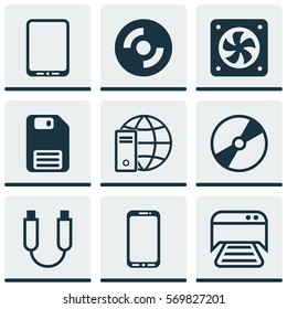 Set Of 9 Computer Hardware Icons. Includes Cellphone, Portable Memory, Computer Ventilation And Other Symbols. Beautiful Design Elements.