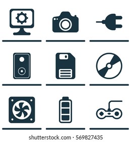 Set Of 9 Computer Hardware Icons. Includes Computer Ventilation, Accumulator Sign, PC And Other Symbols. Beautiful Design Elements.