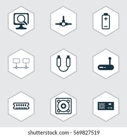 Set Of 9 Computer Hardware Icons. Includes Network Structure, Dynamic Memory, Connected Devices And Other Symbols. Beautiful Design Elements.
