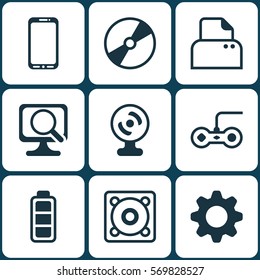 Set Of 9 Computer Hardware Icons. Includes Accumulator Sign, Cd-Rom, File Scanner And Other Symbols. Beautiful Design Elements.