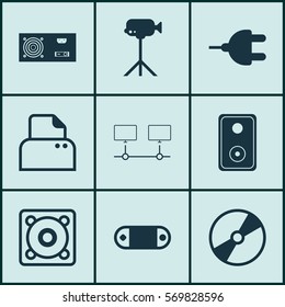 Set Of 9 Computer Hardware Icons. Includes Connector, Audio Device, File Scanner And Other Symbols. Beautiful Design Elements.