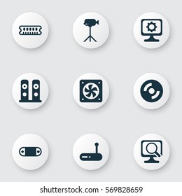 Set Of 9 Computer Hardware Icons. Includes Computer Ventilation, Blank Cd, Radio Set And Other Symbols. Beautiful Design Elements.
