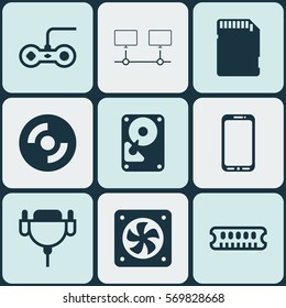 Set Of 9 Computer Hardware Icons. Includes Memory Card, Joystick, Computer Ventilation And Other Symbols. Beautiful Design Elements.