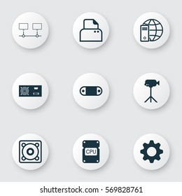 Set Of 9 Computer Hardware Icons. Includes Radio Set, Internet Network, Power Generator And Other Symbols. Beautiful Design Elements.