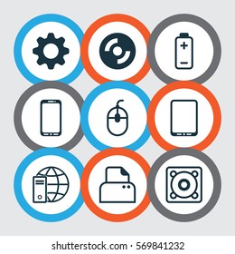 Set Of 9 Computer Hardware Icons. Includes Blank Cd, Cellphone, Control Device And Other Symbols. Beautiful Design Elements.
