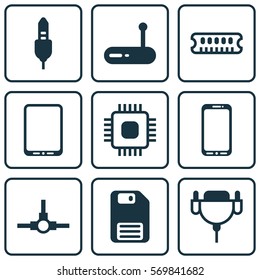 Set Of 9 Computer Hardware Icons. Includes Chip, Cellphone, Diskette And Other Symbols. Beautiful Design Elements.