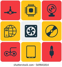 Set Of 9 Computer Hardware Icons. Includes Computer Ventilation, Network Structure, Cd-Rom And Other Symbols. Beautiful Design Elements.