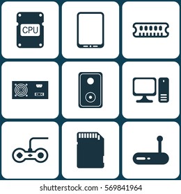 Set Of 9 Computer Hardware Icons. Includes Cellphone, Cpu, Router And Other Symbols. Beautiful Design Elements.