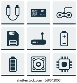 Set Of 9 Computer Hardware Icons. Includes Diskette, Battery, Joystick And Other Symbols. Beautiful Design Elements.