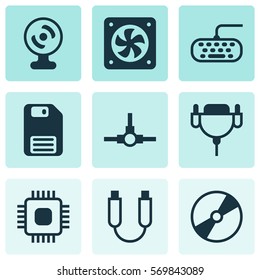 Set Of 9 Computer Hardware Icons. Includes Network Structure, Portable Memory, Diskette And Other Symbols. Beautiful Design Elements.