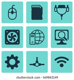 Set Of 9 Computer Hardware Icons. Includes Laptop, Memory Card, Settings And Other Symbols. Beautiful Design Elements.