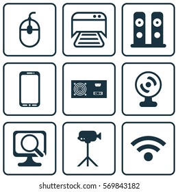 Set Of 9 Computer Hardware Icons. Includes Web Camera, Control Device, Printed Document And Other Symbols. Beautiful Design Elements.