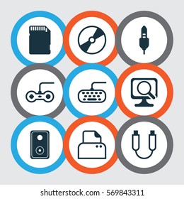 Set Of 9 Computer Hardware Icons. Includes Memory Card, Joystick, Cd-Rom And Other Symbols. Beautiful Design Elements.