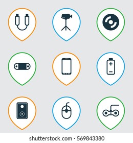 Set Of 9 Computer Hardware Icons. Includes Joystick, Battery, Smartphone And Other Symbols. Beautiful Design Elements.