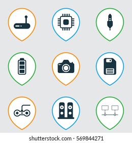 Set Of 9 Computer Hardware Icons. Includes Aux Cord, Diskette, Connected Devices And Other Symbols. Beautiful Design Elements.