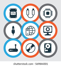 Set Of 9 Computer Hardware Icons. Includes Cd-Rom, Aux Cord, Hdd And Other Symbols. Beautiful Design Elements.