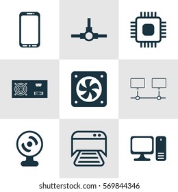 Set Of 9 Computer Hardware Icons. Includes Printed Document, Chip, Connected Devices And Other Symbols. Beautiful Design Elements.