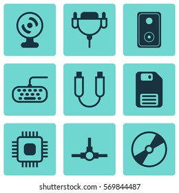 Set Of 9 Computer Hardware Icons. Includes Portable Memory, Vga Cord, Audio Device And Other Symbols. Beautiful Design Elements.