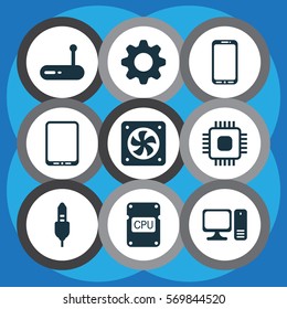 Set Of 9 Computer Hardware Icons. Includes Aux Cord, Router, Chip And Other Symbols. Beautiful Design Elements.