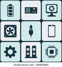 Set Of 9 Computer Hardware Icons. Includes Power Generator, PC, Chip And Other Symbols. Beautiful Design Elements.