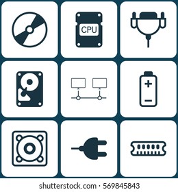 Set Of 9 Computer Hardware Icons. Includes Vga Cord, Hdd, Dynamic Memory And Other Symbols. Beautiful Design Elements.