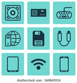 Set Of 9 Computer Hardware Icons. Includes Diskette, Power Generator, Wireless And Other Symbols. Beautiful Design Elements.