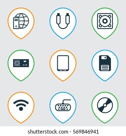 Set Of 9 Computer Hardware Icons. Includes Internet Network, Power Generator, Cd-Rom And Other Symbols. Beautiful Design Elements.