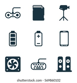 Set Of 9 Computer Hardware Icons. Includes Loudspeakers, Camcorder, Joystick And Other Symbols. Beautiful Design Elements.