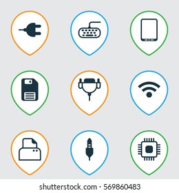 Set Of 9 Computer Hardware Icons. Includes Computer Keypad, Vga Cord, Connector And Other Symbols. Beautiful Design Elements.