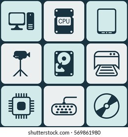 Set Of 9 Computer Hardware Icons. Includes Cpu, Printed Document, Hdd And Other Symbols. Beautiful Design Elements.