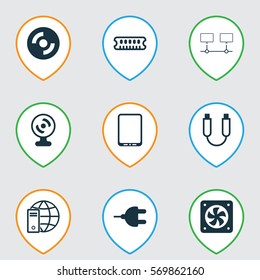 Set Of 9 Computer Hardware Icons. Includes Internet Network, Connected Devices, Web Camera And Other Symbols. Beautiful Design Elements.