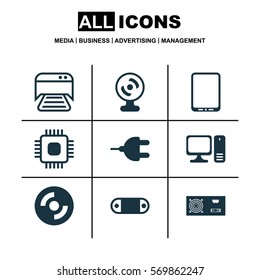 Set Of 9 Computer Hardware Icons. Includes Printed Document, Cellphone, Desktop Computer And Other Symbols. Beautiful Design Elements.