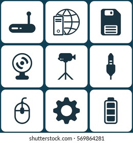 Set Of 9 Computer Hardware Icons. Includes Accumulator Sign, Web Camera, Internet Network And Other Symbols. Beautiful Design Elements.