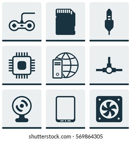 Set Of 9 Computer Hardware Icons. Includes Network Structure, Internet Network, Memory Card And Other Symbols. Beautiful Design Elements.