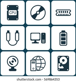 Set Of 9 Computer Hardware Icons. Includes Hdd, Cd-Rom, Dynamic Memory And Other Symbols. Beautiful Design Elements.