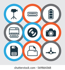Set Of 9 Computer Hardware Icons. Includes Camcorder, Camera, Printed Document And Other Symbols. Beautiful Design Elements.