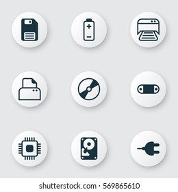 Set Of 9 Computer Hardware Icons. Includes Hdd, Battery, Chip And Other Symbols. Beautiful Design Elements.