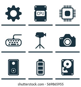 Set Of 9 Computer Hardware Icons. Includes Audio Device, Settings, Cpu And Other Symbols. Beautiful Design Elements.