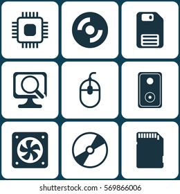 Set Of 9 Computer Hardware Icons. Includes Chip, Computer Ventilation, Control Device And Other Symbols. Beautiful Design Elements.