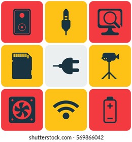 Set Of 9 Computer Hardware Icons. Includes Memory Card, Computer Ventilation, Aux Cord And Other Symbols. Beautiful Design Elements.