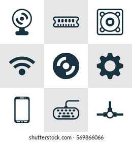 Set Of 9 Computer Hardware Icons. Includes Network Structure, Smartphone, Web Camera And Other Symbols. Beautiful Design Elements.