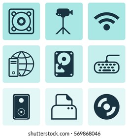 Set Of 9 Computer Hardware Icons. Includes Hdd, Camcorder, Audio Device And Other Symbols. Beautiful Design Elements.