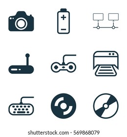 Set Of 9 Computer Hardware Icons. Includes Printed Document, Battery, Router And Other Symbols. Beautiful Design Elements.