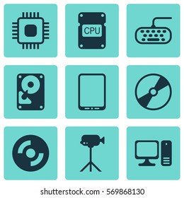 Set Of 9 Computer Hardware Icons. Includes Cd-Rom, Chip, Camcorder And Other Symbols. Beautiful Design Elements.
