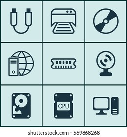 Set Of 9 Computer Hardware Icons. Includes Cpu, Printed Document, Portable Memory And Other Symbols. Beautiful Design Elements.