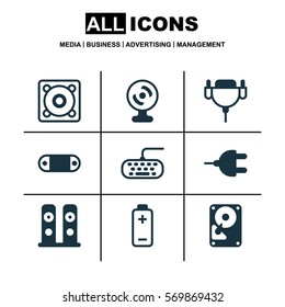 Set Of 9 Computer Hardware Icons. Includes Hdd, Loudspeakers, Vga Cord And Other Symbols. Beautiful Design Elements.