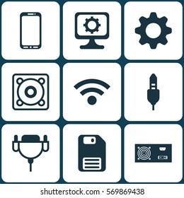 Set Of 9 Computer Hardware Icons. Includes Power Generator, Settings, PC And Other Symbols. Beautiful Design Elements.