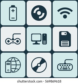 Set Of 9 Computer Hardware Icons. Includes Internet Network, Blank Cd, Desktop Computer And Other Symbols. Beautiful Design Elements.
